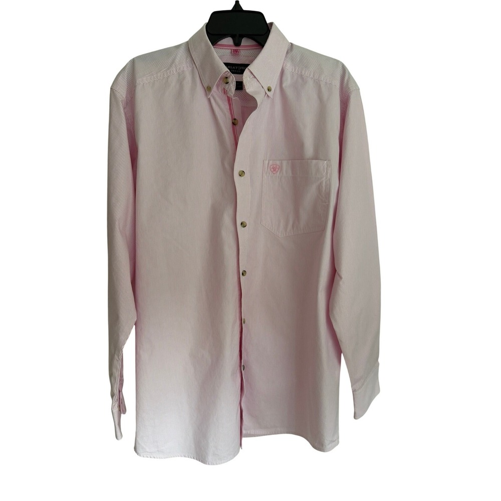 Ariat Shirt Mens Medium Long Sleeve Pro Series Pink White Striped Button Down - Picture 2 of 16
